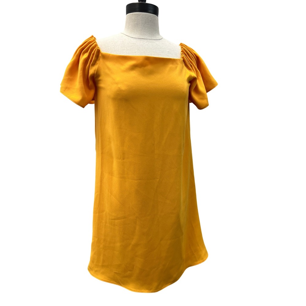 Trina Turk Shift Dress Womens XS Yellow New Pleated Puff Sleeve Square‎ Neck